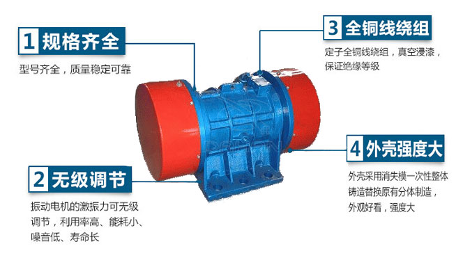 VB振動電機(jī)特點：1，規(guī)格齊全：型號齊全，質(zhì)量穩(wěn)定可靠。2，無極調(diào)節(jié)：振動電機(jī)的激振力可無極調(diào)節(jié)，利用率高，能耗小，噪音低，壽命長。4，外殼輕度大：外殼采用消失模一次性整體鑄造替換原有分體制造，外觀好看，強(qiáng)度大。
