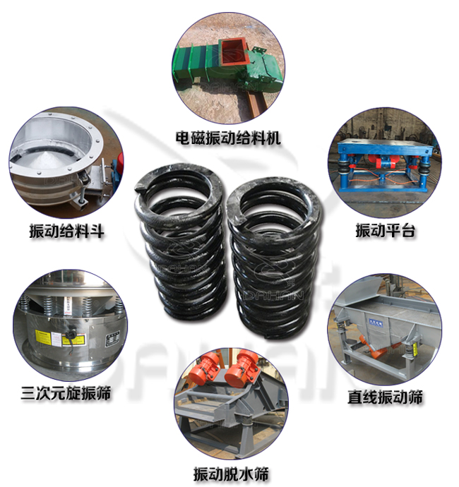 旋振篩減震彈簧適用產(chǎn)品：振動(dòng)給料機(jī)，電磁振動(dòng)給料機(jī)，振動(dòng)平臺(tái)，直線振動(dòng)篩，振動(dòng)脫水篩，三次元旋振篩。