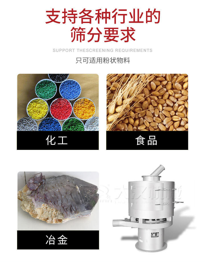 氣流篩用于礦粉，石墨粉，活性納米碳酸鈣，鋁灰，大豆粉，碳酸重鈣，石墨粉，木粉，干草，重金石粉，藥粉末，橡膠顆粒，草酸鹽，干料粉，木粉，聚酯粉，干粉，塑料，金屬粉末，橡膠粉，粉煤灰，石墨粉，陶瓷粉，鋅粉，石英粉，石灰粉，鐵粉，金屬硅粉等。