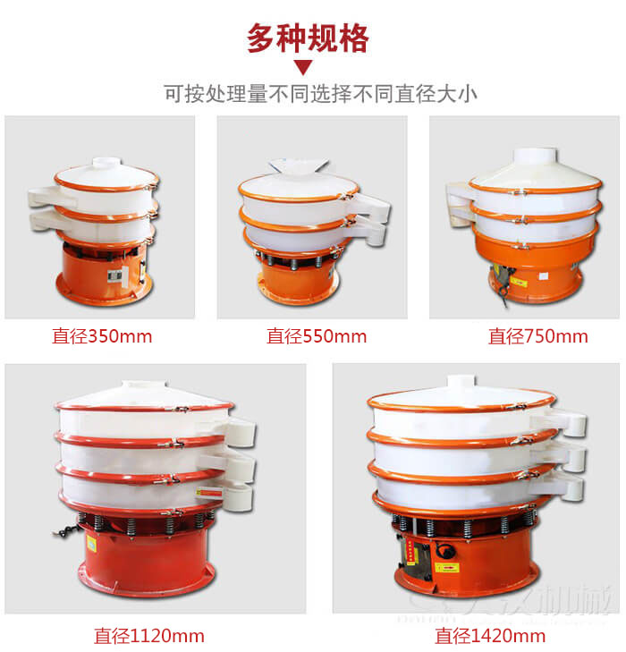塑料振動篩不同篩分直徑進行展示：350，550，750，1120，1420等。