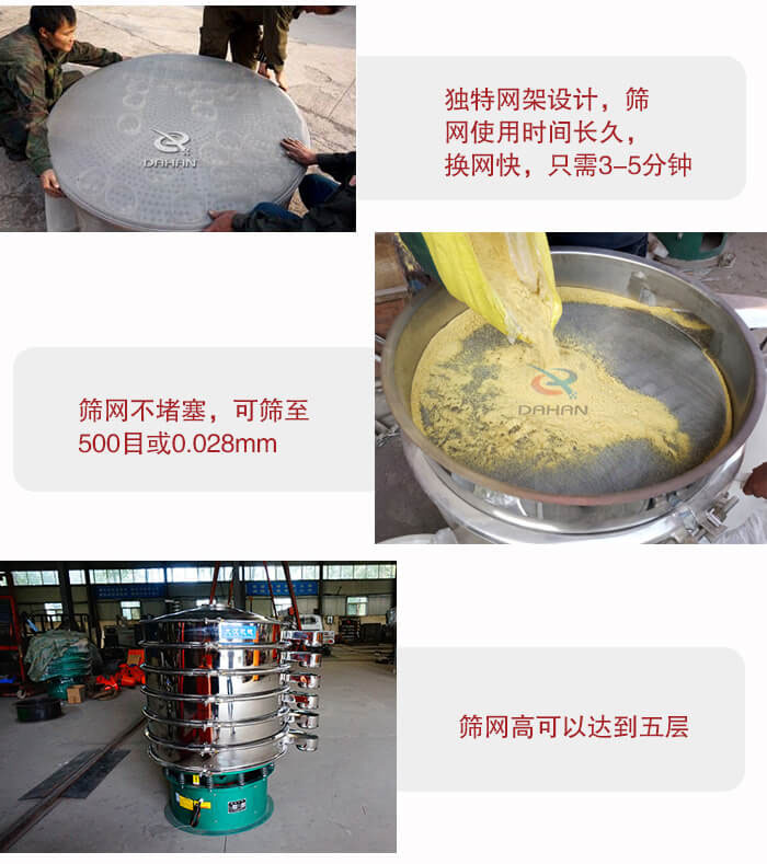 三次元振動(dòng)篩的特點(diǎn)：篩網(wǎng)使用時(shí)間長換讓時(shí)間短，篩網(wǎng)不堵塞，可篩至500目或0.028mm。