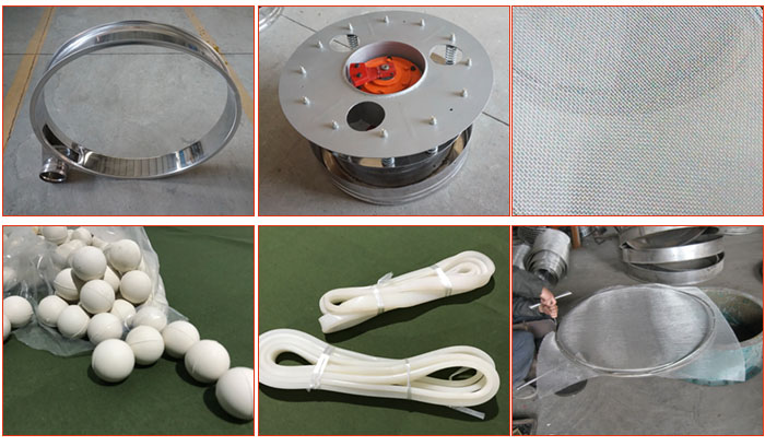 800型全不銹鋼振動篩配件有：振動篩篩框，電機(jī)，不銹鋼篩網(wǎng)等。