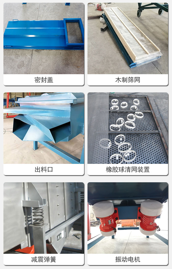 直線篩結(jié)構(gòu)展示：篩網(wǎng)，篩箱，振動電機(jī)，振動電機(jī)座，減震彈簧，支架等部件展示圖