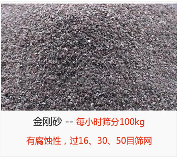 篩分金剛砂每小時(shí)100kg，有腐蝕性，過(guò)16、30、50目篩網(wǎng)