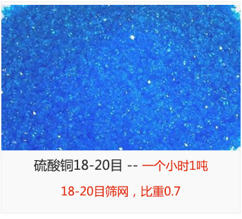 篩分18-20目的硫酸銅 產(chǎn)量一個(gè)小時(shí)1噸，采用18-20目篩網(wǎng)，比重0.7