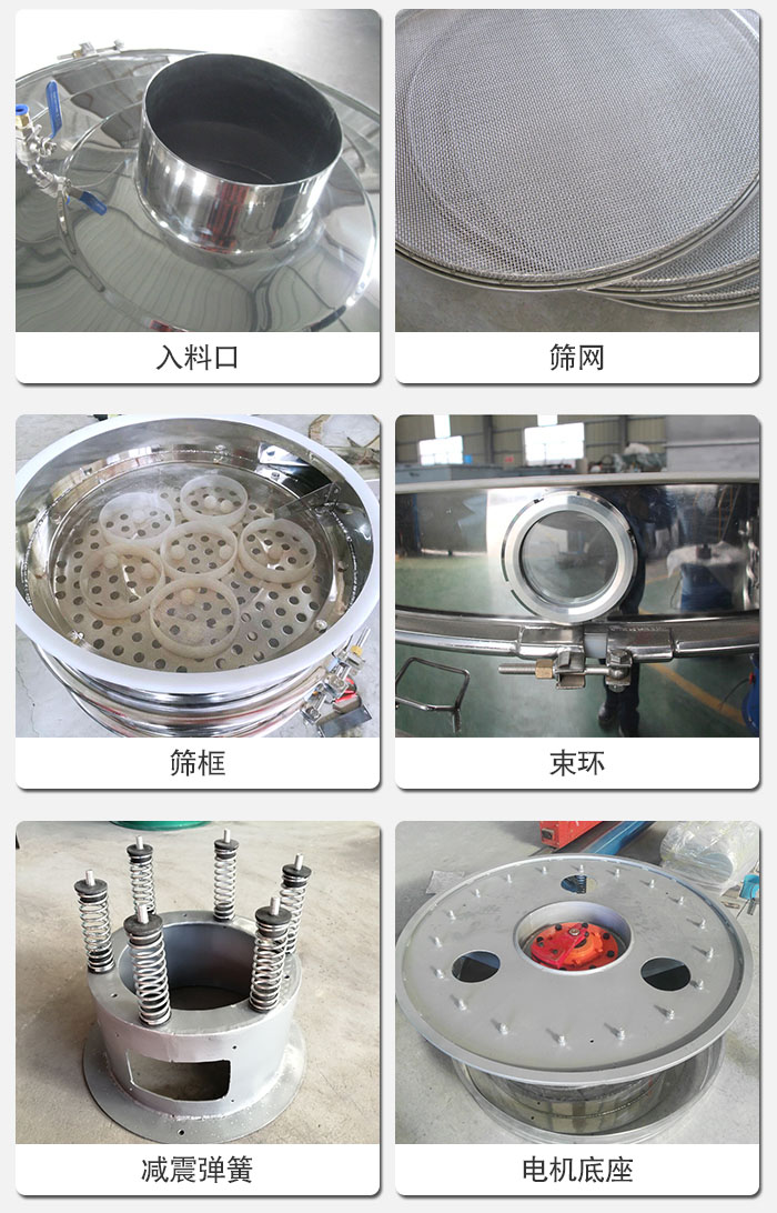 醫(yī)藥振動(dòng)篩有電機(jī)底座，減震彈簧，束環(huán)，篩框，入料口，篩網(wǎng)等部件展示。