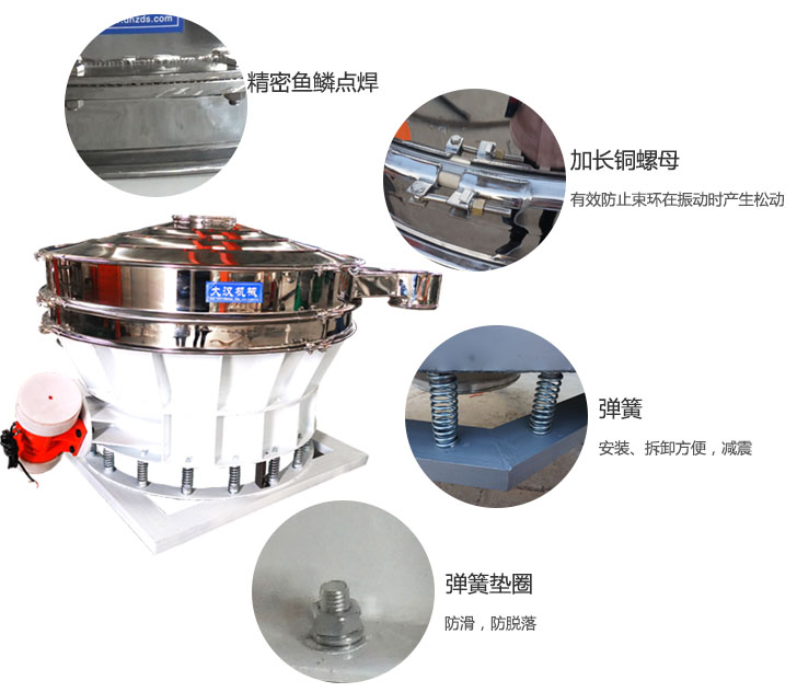 1500直排篩細(xì)節(jié)展示：彈簧，彈簧墊圈，加長銅螺母。