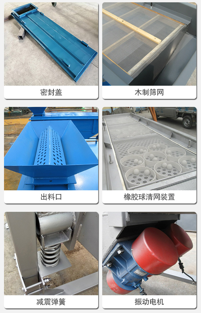 直線篩分機的結(jié)構(gòu)展示圖：篩箱是物料主要篩分設(shè)備之一，篩網(wǎng)用于篩分物料，振動電機幫助篩網(wǎng)篩分。