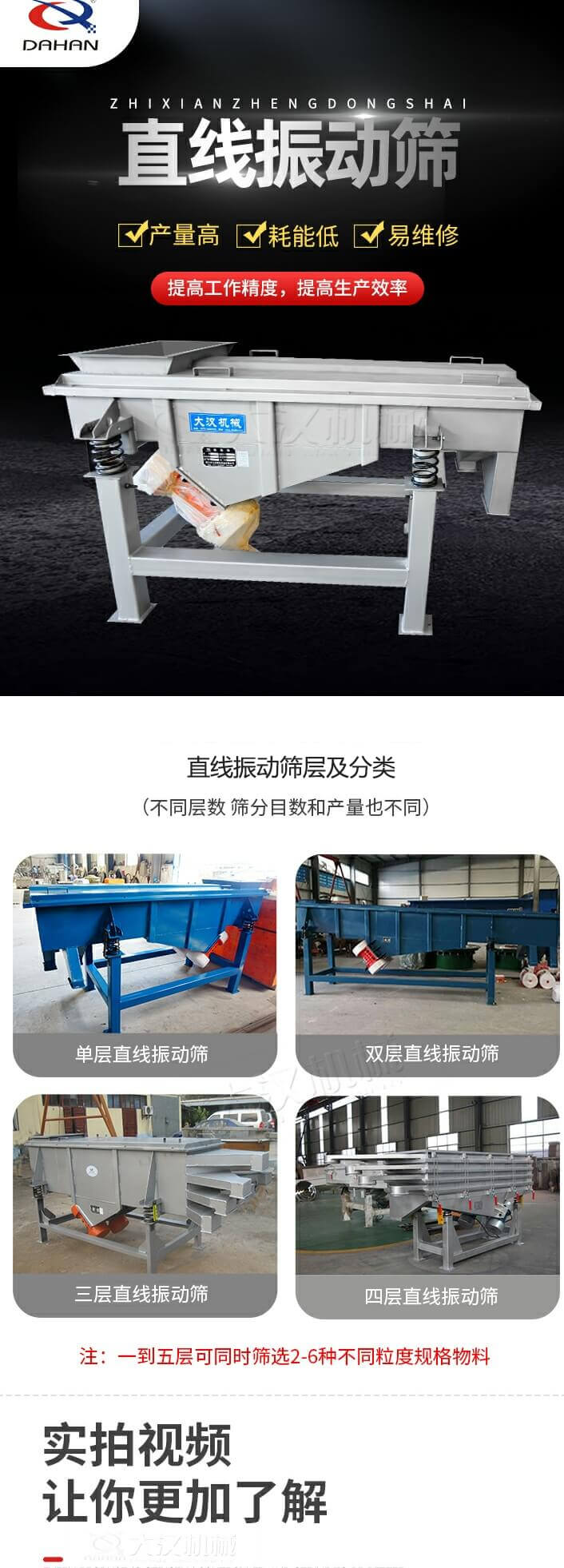 直線振動(dòng)篩概述，產(chǎn)量高，耗能低，易維修，提高工作精度，提高生產(chǎn)效率，直線振動(dòng)篩層級分類：不同層數(shù)，篩分目數(shù)和產(chǎn)量也不同：單層，雙層，三層，四層等。