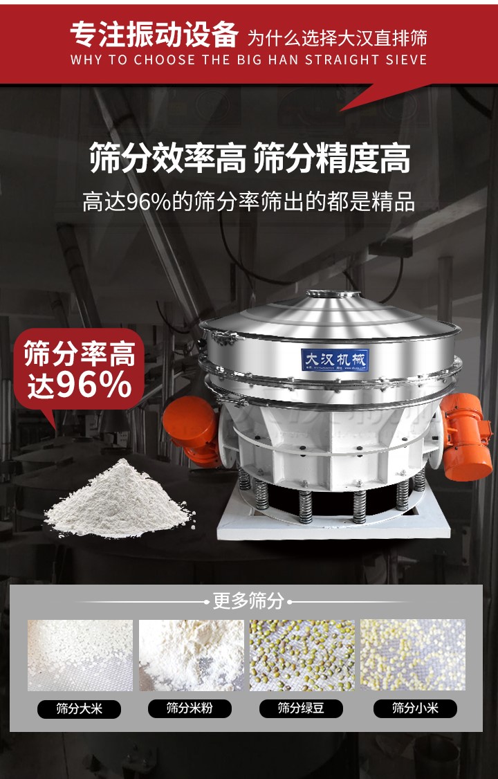 直排篩適用物料有面粉，淀粉，洗衣粉，金屬粉，添加劑，化工，非礦等行業(yè)。