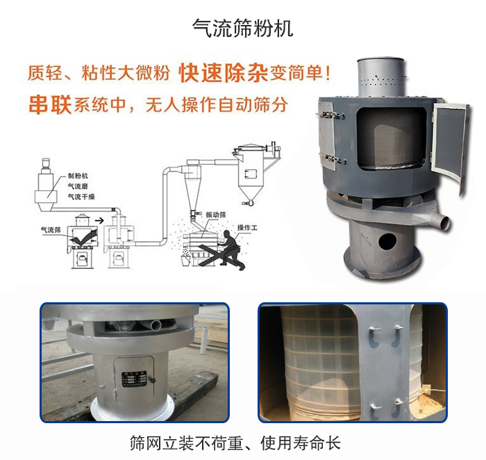 氣流篩粉機(jī)適用：質(zhì)輕，粘性大微粉采用串聯(lián)系統(tǒng)重，無(wú)人操作自動(dòng)篩分 特點(diǎn)：篩網(wǎng)立裝不負(fù)重，使用壽命長(zhǎng)。