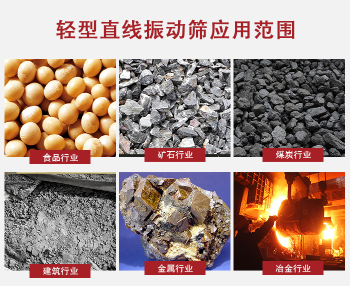 輕型直線振動篩應(yīng)用范圍較廣多使用與顆粒狀，粉狀以及其它重型行業(yè)的輸送。