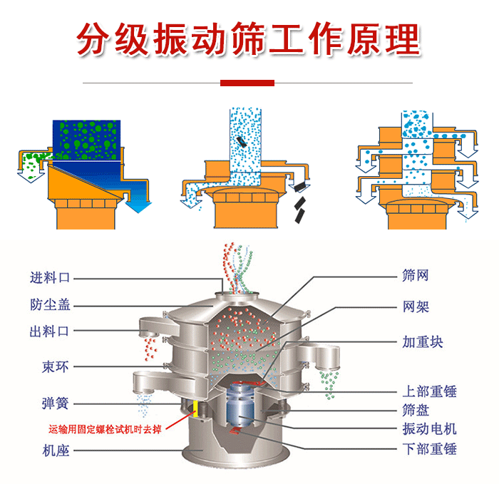 分級(jí)振動(dòng)篩內(nèi)部結(jié)構(gòu)：進(jìn)料口，防塵蓋，出料口，束環(huán)，彈簧，機(jī)座，篩網(wǎng)，網(wǎng)架，上部重錘，振動(dòng)電機(jī)，下部重錘。