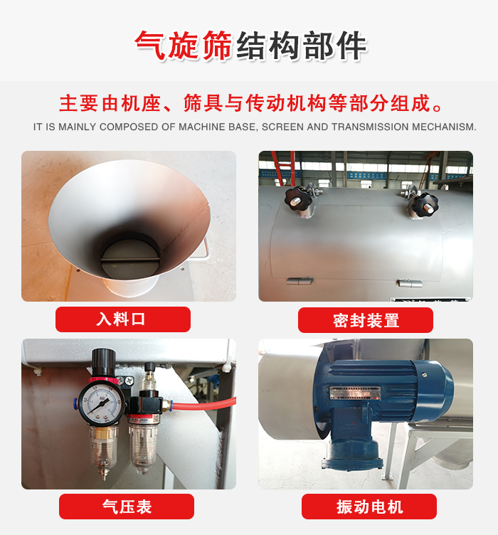 氣旋篩結(jié)構(gòu)：入料口，密封裝置，電機，氣壓表等