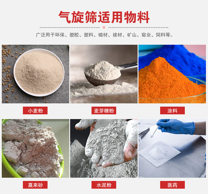 氣旋篩適用物料：小麥粉，麥芽糖粉，涂料，等粉狀物料。
